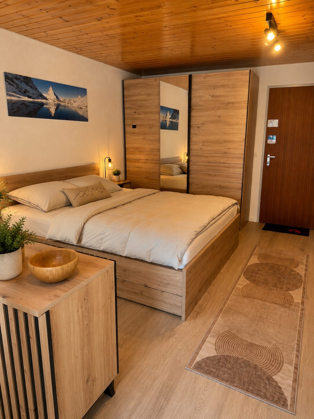 Coin nuit du studio à Loèche-les-Bains : lit double, armoire et plafond en bois
